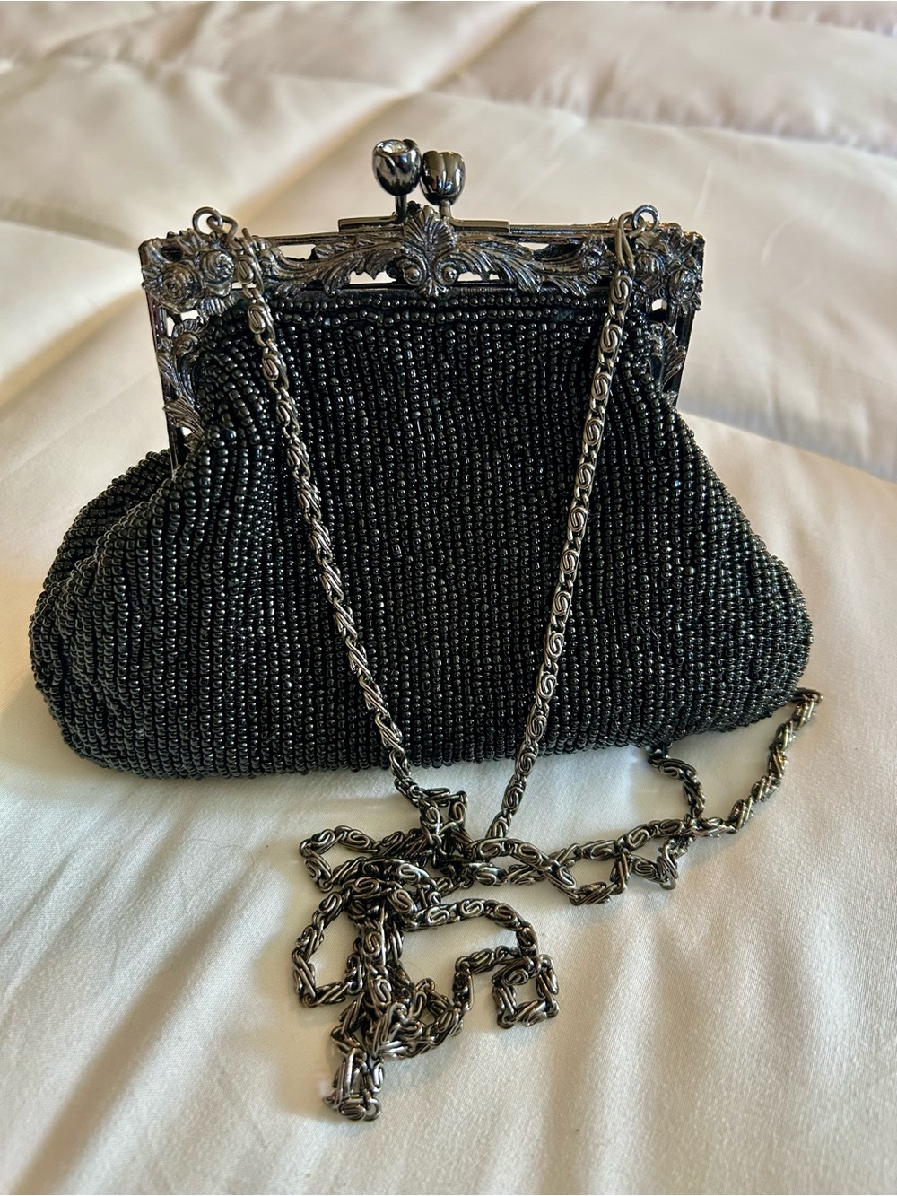 Elegant Black Beaded Evening Clutch with Ornate Silver Frame. Ex Condition.
